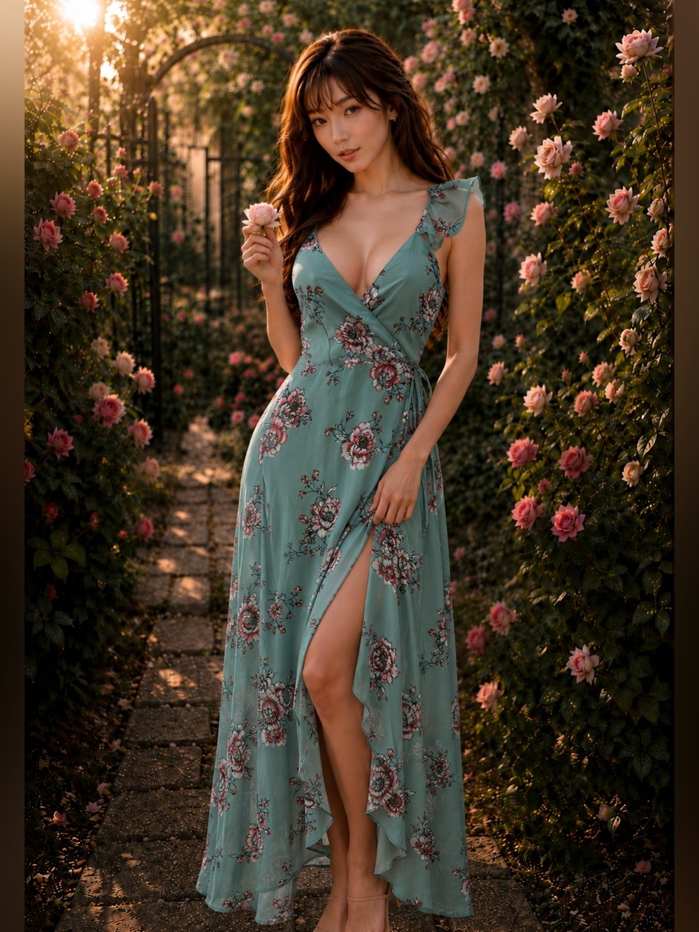 Watercolor Daydream blooming floral sheer floaty layered flutter wrap maxi dress